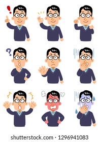 9 poses and gestures of the upper body of a man wearing eyeglasses