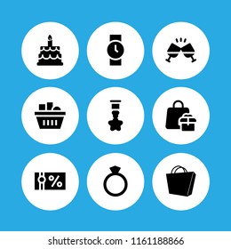 9 present icons in vector set. voucher, watch, diamond ring shape and happy birthday illustration for web and graphic design