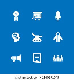 9 presentation icons in vector set. process, business meeting, folded document icon and tank illustration for web and graphic design