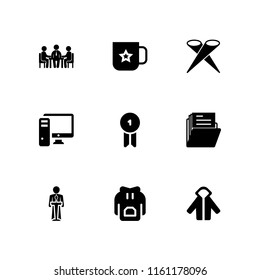 9 presentation icons in vector set. business meeting, mug, speaker and hoodie illustration for web and graphic design