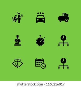 9 pressure icons in vector set. calendar with a clock time tools, compressor, cooker and washer illustration for web and graphic design