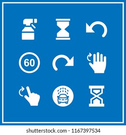 9 pressure vector icon set with hourglass, minute countdown, car wash and sand clock icons for mobile and web
