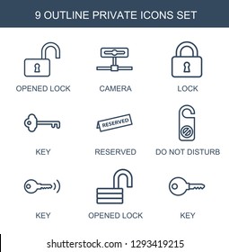 9 private icons. Trendy private icons white background. Included outline icons such as opened lock, camera, lock, key, reserved, do not disturb. private icon for web and mobile.