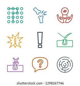 9 problem icons. Trendy problem icons white background. Included outline icons such as labyrinth, exclamation, no hair in skin, shave hair in skin. problem icon for web and mobile.