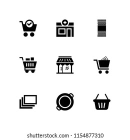 9 product icons in vector set. pharmacy, mexico indian cloth, paella and shopping cart illustration for web and graphic design