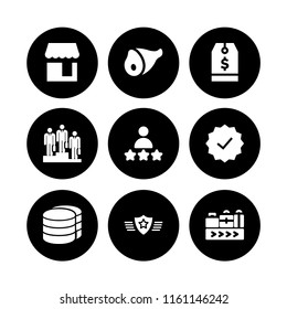 9 product icons in vector set. price, conveyor belt, store and guarantee illustration for web and graphic design