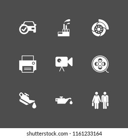 9 production icons in vector set. automobile, worker, film and industrial building with contaminants illustration for web and graphic design