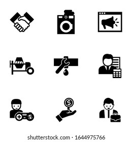 9 íconos rellenos profesionales aislados en fondo blanco. Iconos con cooperación, Servicio de lavandería, Videoformación, mezclador de hormigón, Servicio de fontanería, Iconos contables.