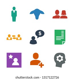 9 profile icons. Trendy profile icons white background. Included filled icons such as gear in head, add friend, favorite photo, resume, man thinking about money. profile icon for web and mobile.