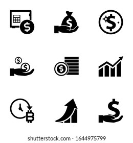 9 profit filled icons set isolated on white background. Icons set with rent deposit, Deposit, Net Income, Dividends, bet, Profit, future of money, growth, investment icons.