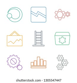 9 progress icons. Trendy progress icons white background. Included line icons such as gear, graph, ladder, line chart, loading. progress icon for web and mobile.