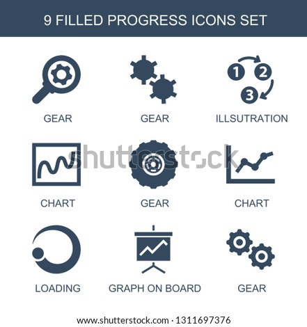 9 progress icons. Trendy progress icons white background. Included filled icons such as gear, illsutration, chart, loading, graph on board. progress icon for web and mobile.