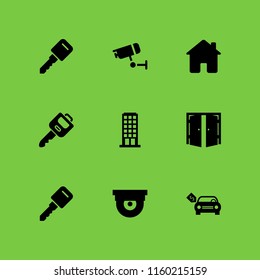 9 property icons in vector set. security camera, key, apartment and rent illustration for web and graphic design