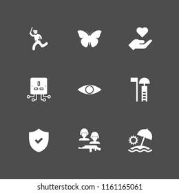 9 protection icons in vector set. vision, soldiers and a weapon, plug and security on illustration for web and graphic design