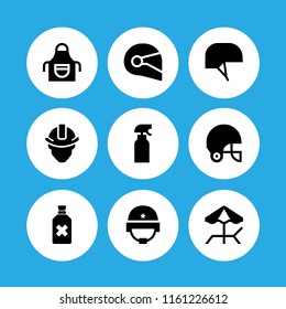 9 protective icons in vector set. umbrella, bleach, worker and spray illustration for web and graphic design