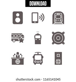 9 public vector icon set with news reporter, metro, train icon and trolleybus icons for mobile and web