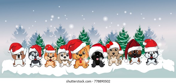 9 puppies of different breeds in red hats with white pompons on the background of the winter landscape. Forest with green Christmas trees, snow and snowflakes. Happy Dog cartoon