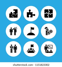 9 puzzle icons in vector set. puzzle piece silhouette, problem, mission and strategy illustration for web and graphic design