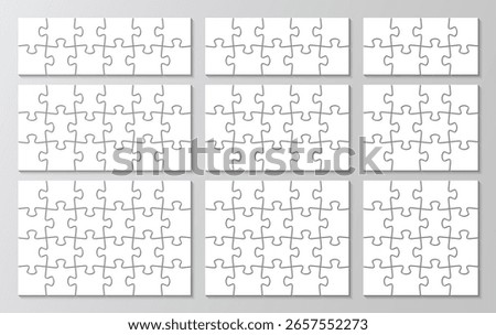 9 puzzles infographics set. Puzzle grid collection. Jigsaw business chain infographic. Process diagram presentation. Business info graphic with steps, parts. Vector illustration