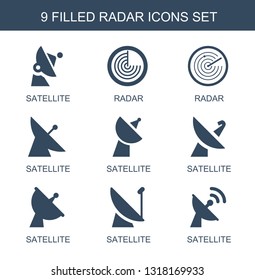 9 radar icons. Trendy radar icons white background. Included filled icons such as satellite. radar icon for web and mobile.