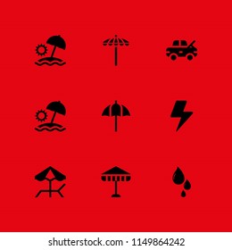 9 rain icons in vector set. damage, storm, umbrella and drop illustration for web and graphic design