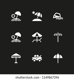 9 rain icons in vector set. umbrella, sun umbrella, flood and damage illustration for web and graphic design