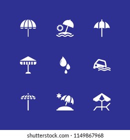9 rain icons in vector set. umbrella, flood, sun umbrella and drop illustration for web and graphic design