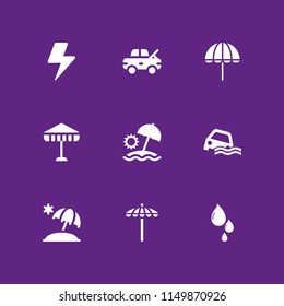 9 rain icons in vector set. damage, umbrella, drop and flood illustration for web and graphic design