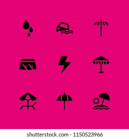 9 rain icons in vector set. storm, drop, wiper and flood illustration for web and graphic design