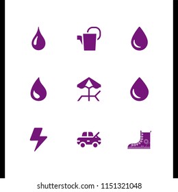 9 rain icons in vector set. droplet of water, watering can, umbrella and boots illustration for web and graphic design