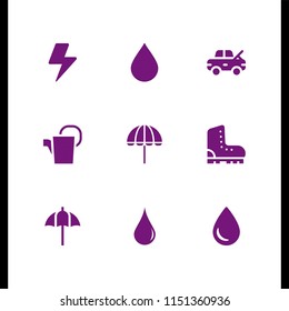 9 rain icons in vector set. drop, umbrella, drop silhouette and storm illustration for web and graphic design