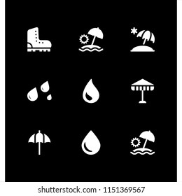 9 rain icons in vector set. boot, water drop, umbrella and sun umbrella illustration for web and graphic design