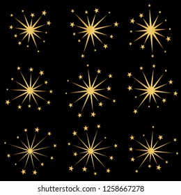 9 random star burst. star explode firework in gold color icon on black background