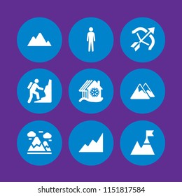 9 range icons in vector set. mountain summit, mountain, archery and tall human silhouette illustration for web and graphic design