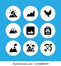 9 range icons in vector set. archery, hen, mountain and mountain range on black background illustration for web and graphic design