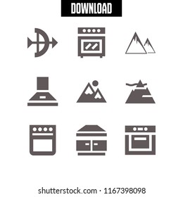 9 range vector icon set with extractor hood, mountains, archery and mountain icons for mobile and web