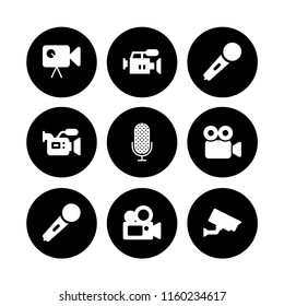 9 record icons in vector set. cctv, karaoke microphone icon, film and camera illustration for web and graphic design