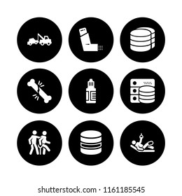 9 recovery icons in vector set. eye drops, asthma, broken bone and breakdown illustration for web and graphic design