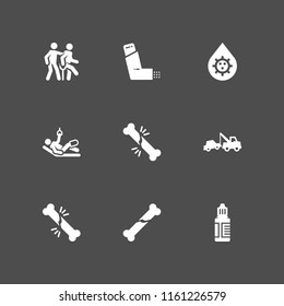 9 recovery icons in vector set. broken bone, broken leg, eye drops and cancer illustration for web and graphic design
