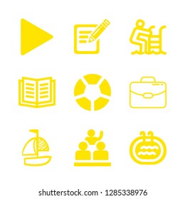 9 recreation icons with swimming pool and play arrow in this set
