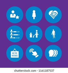 9 recruitment icons in vector set. hiring, humanity, human resources data of job performance and manager illustration for web and graphic design