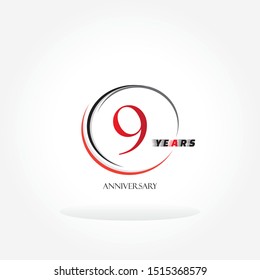 9 red anniversary number inside circle swoosh isolated on white background