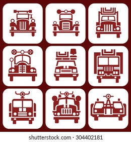 9 red vector isolated icons fire trucks on a white background