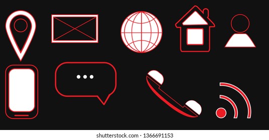 9 red white icons on black background