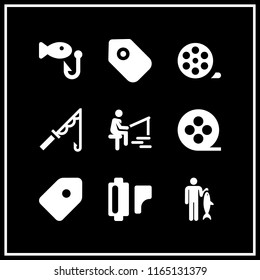 9 reel vector icon set with fishing, film roll, film reel and fishing rod icons for mobile and web