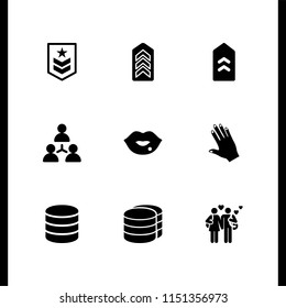 9 relationship icons in vector set. hand of black human, teamwork, kiss and couple illustration for web and graphic design