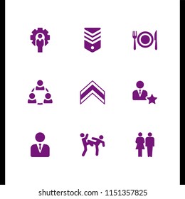 9 relationship icons in vector set. teamwork, family of heterosexual couple, military and dinner illustration for web and graphic design