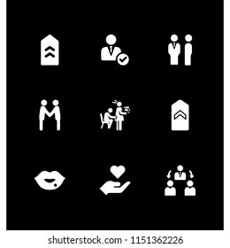 9 relationship icons in vector set. sexual harassment, military, kiss and manager illustration for web and graphic design