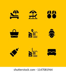 9 relax icon set with face mask, swimming pool and sun umbrella vector illustration for graphic design and web