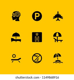 9 relax icons in vector set. park, swimming pool, mind and sunbed illustration for web and graphic design
